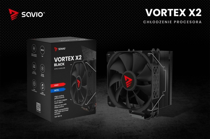 Prezentacja przedstawiająca chłodzenie Vortex X2 na czarnym tle